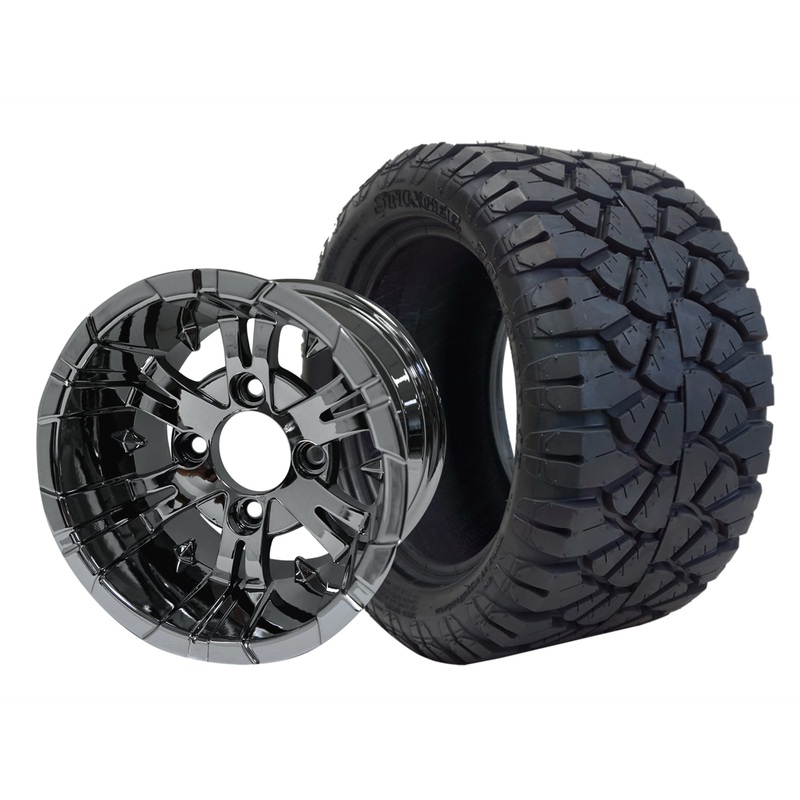SGC 12″ Vampire Chrome Wheel – Aluminum Alloy / STEELENG 20″x10″-12″ STINGER All Terrain Tire DOT approved Tires Combo – Set of 4