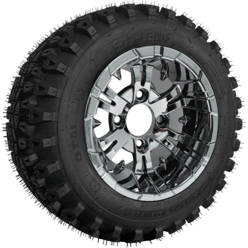 SGC 12″ Vampire Chrome Wheel – Aluminum Alloy / STEELENG 23″x10.5″-12″ QH All Terrain Tire Tires Combo – Set of 4