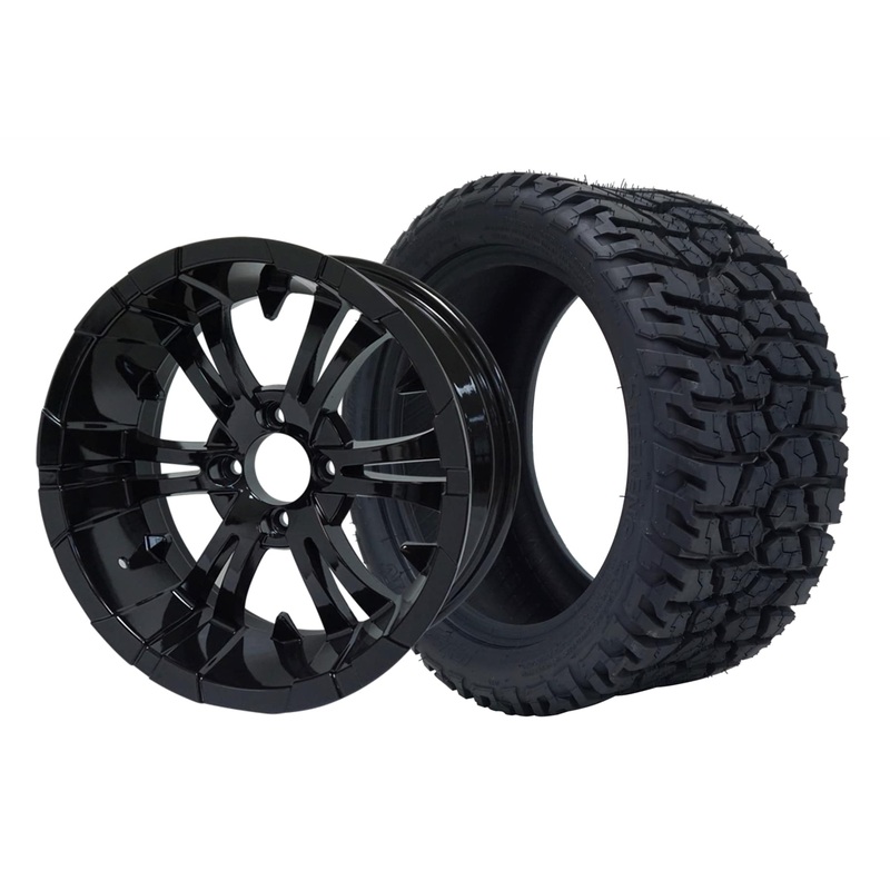 SGC 12″ Vampire Glossy Black Wheel – Aluminum Alloy / STEELENG 215/40-12 GATOR Hybrid Low Profile / All Terrain Tire DOT Approved Tires Combo – Set of 4