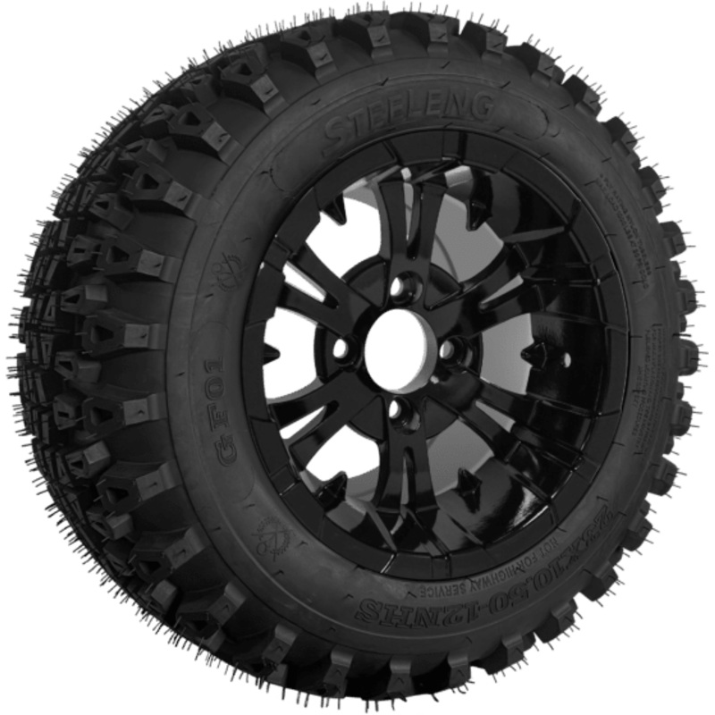 SGC 12″ Vampire Glossy Black Wheel – Aluminum Alloy / STEELENG 23″x10.5″-12″ QH All Terrain Tire Tires Combo – Set of 4