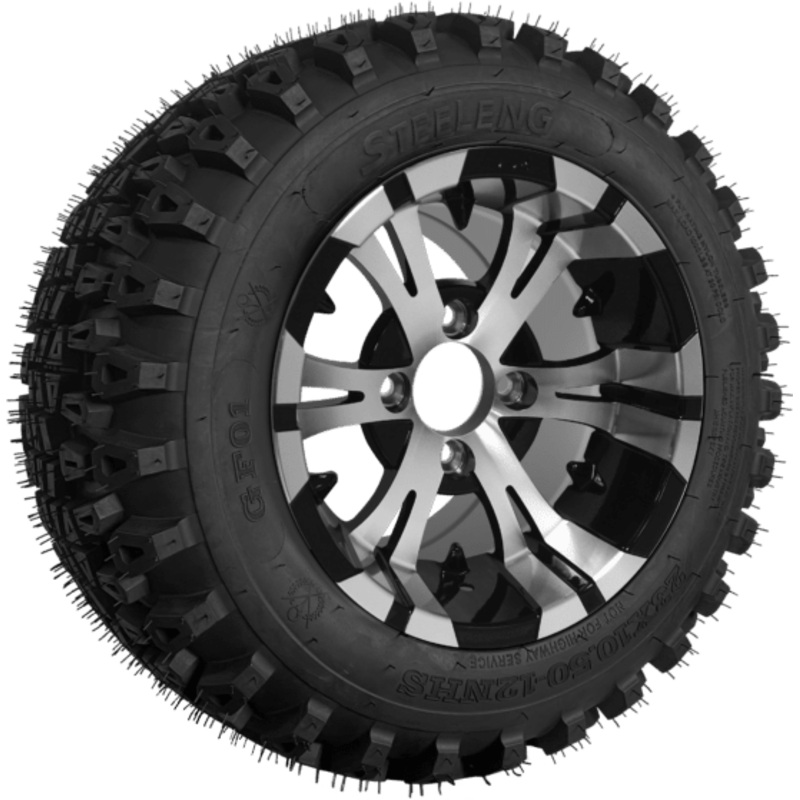 SGC 12″ Vampire Machined Black Wheel – Aluminum Alloy / STEELENG 23″x10.5″-12″ QH All Terrain Tire Tires Combo – Set of 4