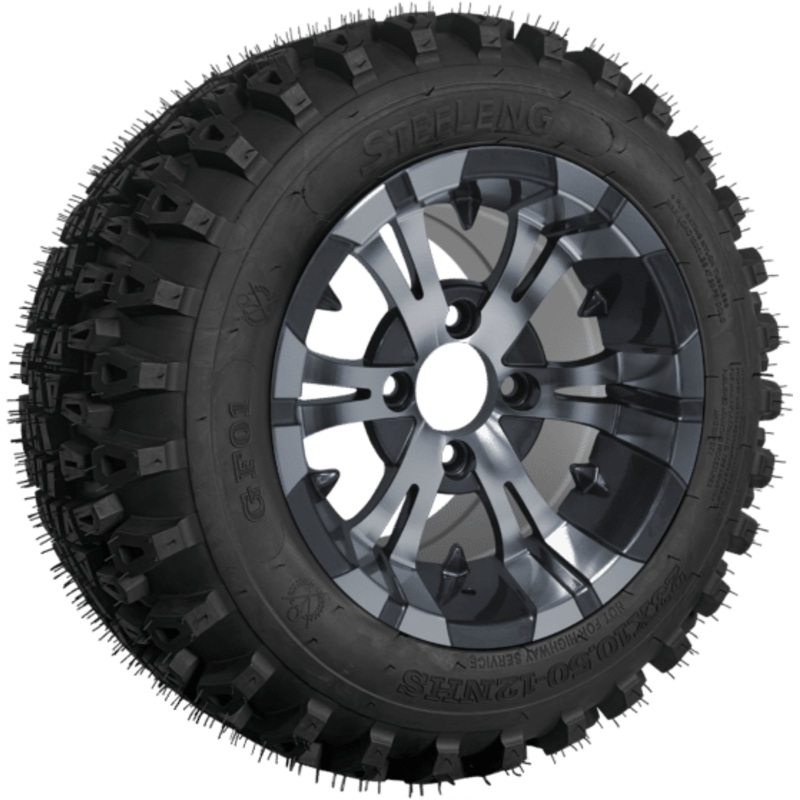 SGC 12″ Vampire Machined/Gunmetal Wheel – Aluminum Alloy / STEELENG 23″x10.5″-12″ QH All Terrain Tire Tires Combo – Set of 4