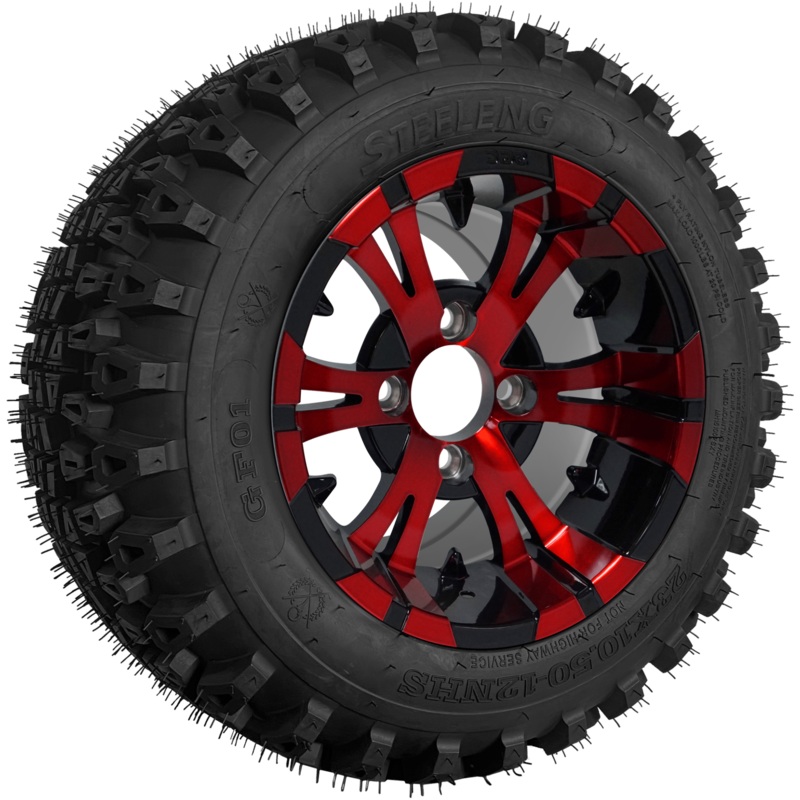 SGC 12″ Vampire Red/Black Wheel – Aluminum Alloy / STEELENG 23″x10.5″-12″ QH All Terrain Tire Tires Combo – Set of 4