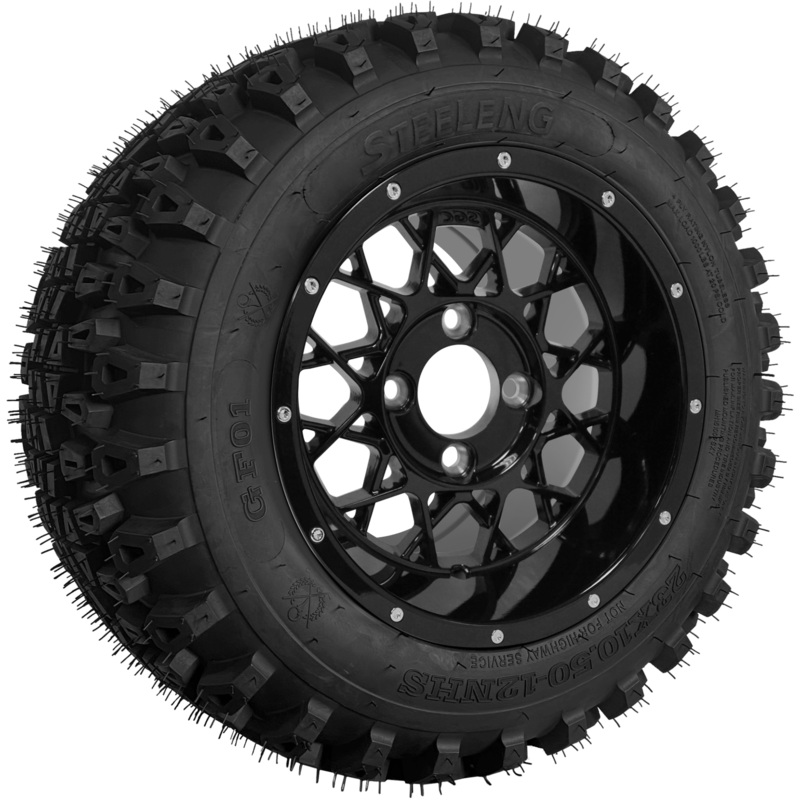 SGC 12″ Venom Glossy Black Wheel – Aluminum Alloy / STEELENG 23″x10.5″-12″ QH All Terrain Tire Tires Combo – Set of 4
