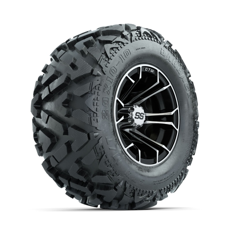 GTW Spyder Machined/Black 10 in Wheels with 20×10-10 Barrage Mud Tires  Full Set