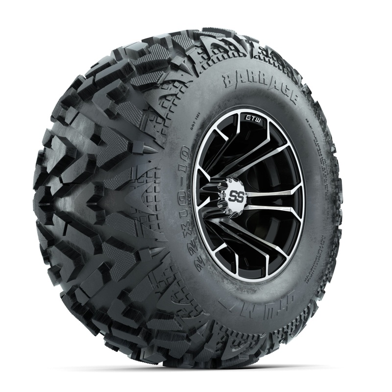 GTW Spyder Machined/Black 10 in Wheels with 22×10-10 Barrage Mud Tires  Full Set