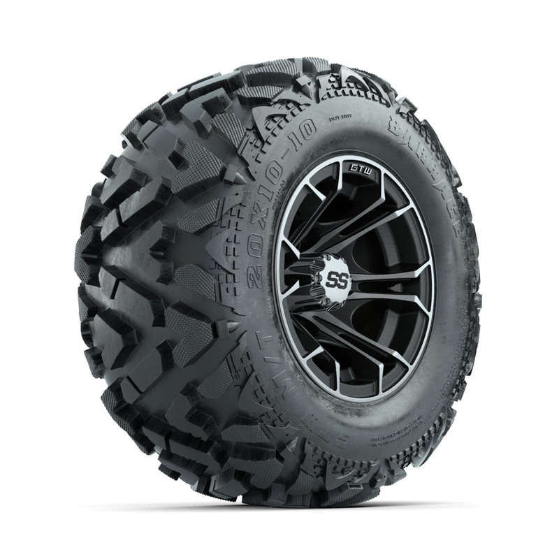 GTW Spyder Machined/Matte Grey 10 in Wheels with 20×10-10 Barrage Mud Tires  Full Set