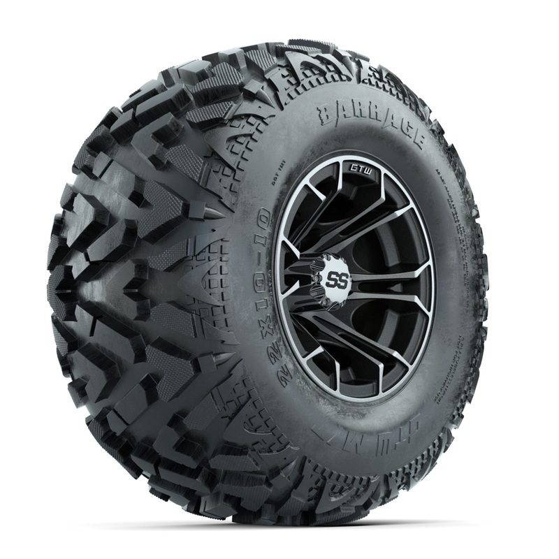 GTW Spyder Machined/Matte Grey 10 in Wheels with 22×10-10 Barrage Mud Tires  Full Set
